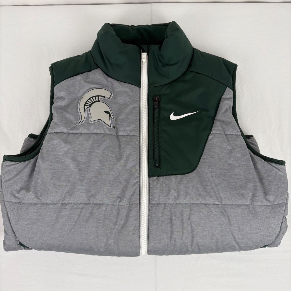 Nike Michigan State Spartans Puffer‎ Vest Mens Full Zip Gray Green Size Small